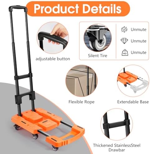 Folding Hand Truck500lbs, Portable Heavy Duty Dolly Cart, 6 Wheels Collapsible Luggage Cart with 2 Elastic Ropes - Compact Trolley Cart for Easy Moving - Ideal Hand Cart for Travel and More