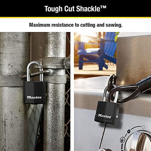 Master Lock Black Outdoor Key Lock, Heavy Duty Weather Resistant Padlock with Cover, Keyed Alike Padlocks for Outdoor Use, 4 Pack, M115XQLF