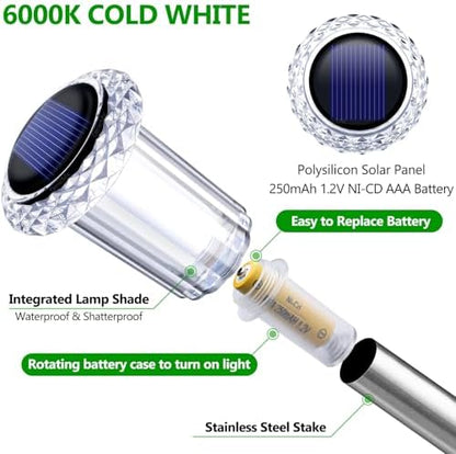DenicMic Solar Lights Outdoor 10 Pack Waterproof 6000K Cold White LED Stainless Steel Stake for Pathway Yard Garden Driveway Solar Powered Outside Decor