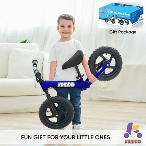 KRIDDO Toddler Balance Bike 2 Year Old, Age 18 Months to 5 Years Old, 12 Inch Push Bicycle with Customize Plate (3 Sets of Stickers Included), Steady Balancing, Gift Bike for 2-3 Boys Girls, Blue