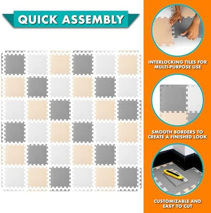 ProSource Foam Puzzle Floor Play Mat for Kids and Babies with Solid Colors, 36 or 16 Interlocking Tiles with Borders, White/Grey/Beige