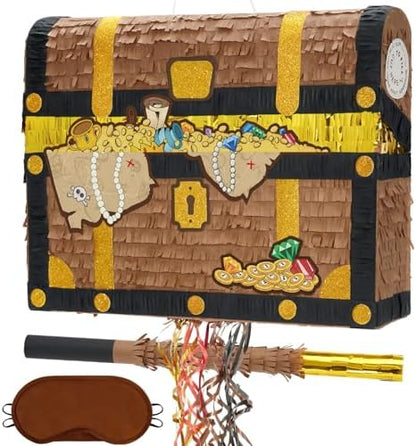WERNNSAI Treasure Chest Piñata - Pull String Pirate Themed Piñata with Blindfold and Bat Adventure Birthday Party Decoration for Boys Kids Family Games Piñata Adventure Theme Party Supplies