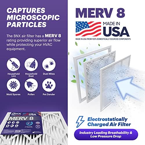 BNX TruFilter 16x25x1 Air Filter MERV 8 (6-Pack) - MADE IN USA – Dust & Pet Defense Electrostatic Pleated Air Conditioner HVAC AC Furnace Filters for Dust, Pet, Mold, Pollen MPR 600 – 700 & FPR 5
