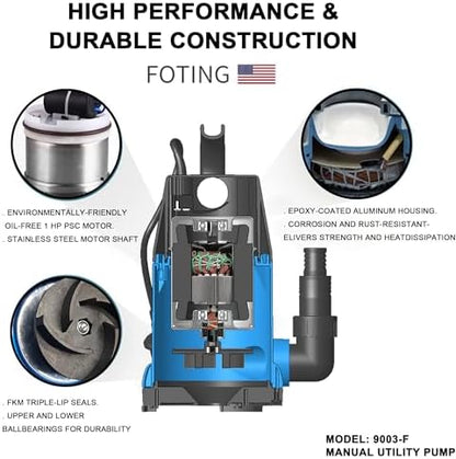 FOTING Sump Pump 1HP Clean/Dirty Submersible Water Pump, 4600GPH Utility Pump Thermoplastic Electric Portable Transfer Water Pump for Swimming Pool Garden Pond Basement with 10ft Long Power Cord