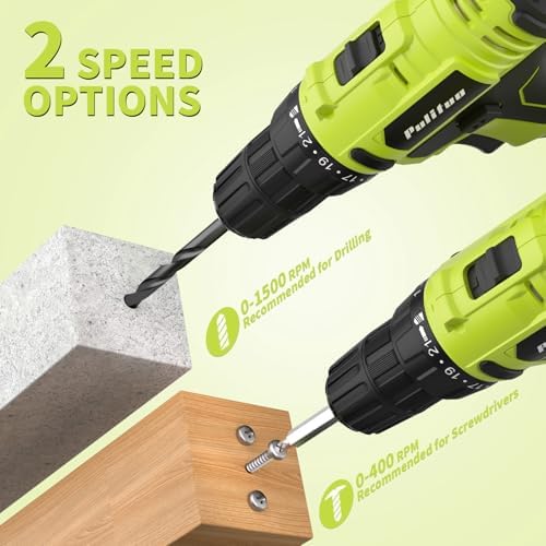 PULITUO'S 20V Cordless Drill/Driver, Electric Screwdriver - 2 Batteries, 30Nm, 21+1 Torque, 2 Speed, Keyless 3/8" Chase Drill with LED Light, Kit for Home (Green)
