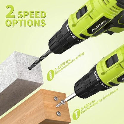 PULITUO'S 20V Cordless Drill/Driver, Electric Screwdriver - 2 Batteries, 30Nm, 21+1 Torque, 2 Speed, Keyless 3/8" Chase Drill with LED Light, Kit for Home (Green)