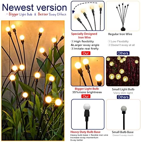 TONULAX Solar Garden Lights - Upgraded Solar Swaying Light, Sway by Wind, Outdoor Lights, Yard Patio Pathway Decoration, High Flexibility Iron Wire & Heavy Bulb Base, Warm White (4 Pack)