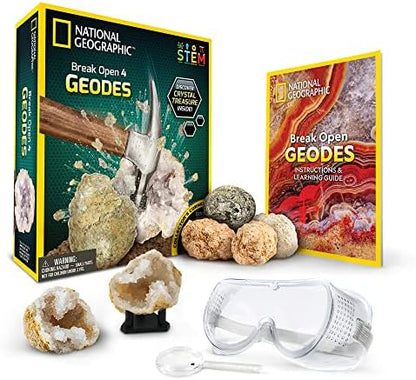 NATIONAL GEOGRAPHIC Break Open 4 Geodes Science Kit – Includes Goggles and Display Stand - STEM Science Gift for Boys and Girls, Break Your Own Geodes with Crystals (Amazon Exclusive)