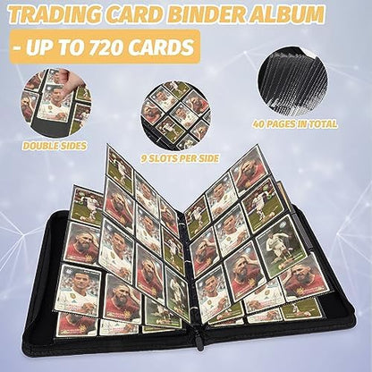 9 Pocket Card Binder, Premium Zip Trading Card Binder, 720 Double Sided Pocket PU Card Collection Binder, Collector Card Album, Card Folder for MTG, TCG, Sports Cards, Game Cards (Silver)