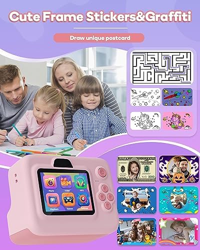 Kids Camera Instant Print,1080P Kids Instant Cameras That Print Photos,Christmas Birthday Gifts for Girls Age 3-12,Portable Toy for 3 4 5 6 7 8 9 10 Year Old Girls Boys Pink