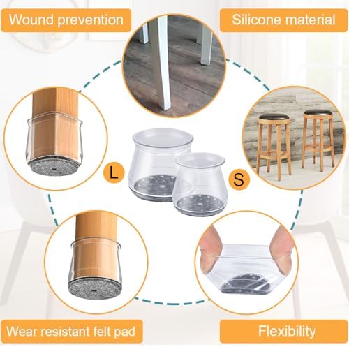 32 Pcs Chair Leg Protectors for Hardwood Floors, Clear Silicone Felt Furniture Leg Cover Pad for Protecting Floors from Scratches and Noise, Smooth Moving(Large Fit Round Diameter：1-5/16" to 2")