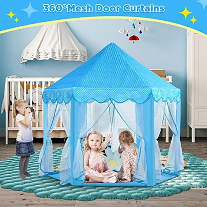 Monobeach Princess Tent Girls Large Playhouse Kids Castle Play Tent with Star Lights Toy for Children Indoor and Outdoor Games, 55'' x 53'' (DxH) (Blue Prinecss Tent with Little Star Lights)