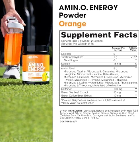 Optimum Nutrition Amino Energy - Pre Workout with Green Tea, BCAA, Amino Acids, Keto Friendly, Green Coffee Extract, Energy Powder - Orange Cooler, 65 Servings (Packaging May Vary)