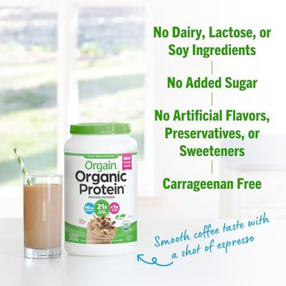 Orgain Organic Vegan Protein Powder, Iced Coffee - 21g Plant Protein, 60mg of Caffeine, Low Net Carb, No Lactose Ingredients, No Added Sugar, Non-GMO, For Shakes & Smoothies, 2.03 lb