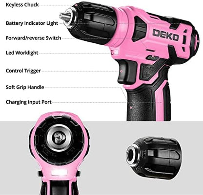DEKOPRO Drill Set: Tool Set with 8V Pink Cordless Drill, Home Tool Kit with Drill, Hand Tool Kits for Women 126 Piece
