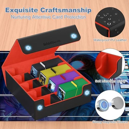 Mlikero Card Deck Case, 2400+ Trading Card Storage Box with 10 Colorful Dividers and 4 Foam Stoppers, Leather Magnetic Closure Commander Deck Box Fit for MTG, TCG (4 Rows, Black&Red)