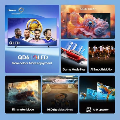 Hisense 65" Class QD6 Series (65QD6QF, 2025 Model) QLED 4K UHD Smart Fire TV, Voice Remote with Alexa, Dolby Vision, Dolby Atmos, Motion Rate 120, HDR 10+, Game Mode Plus, MEMC, VRR, ALLM