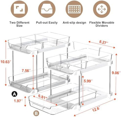 Delamu 2 Sets of 2-Tier Multi-Purpose Bathroom Under Sink Organizers and Storage, Stackable Kitchen Pantry Organization, Pull Out Medicine Cabinet Organizer with 8 Movable Dividers