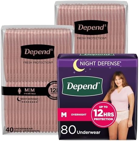 Depend Night Defense Adult Incontinence & Postpartum Bladder Leak Underwear for Women, Disposable, Overnight, Medium, Blush, 80 Count, Packaging May Vary