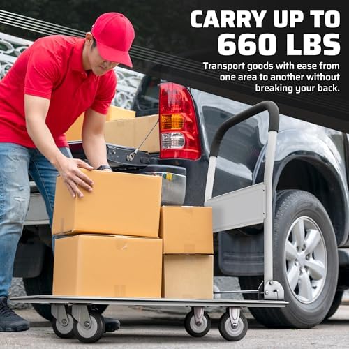 Upgraded Foldable Push Cart Dolly | 330 lbs. Capacity Moving Platform Hand Truck | Heavy Duty Space Saving Collapsible | Swivel Push Handle Flat Bed Wagon (White, 660 lbs. Capacity)