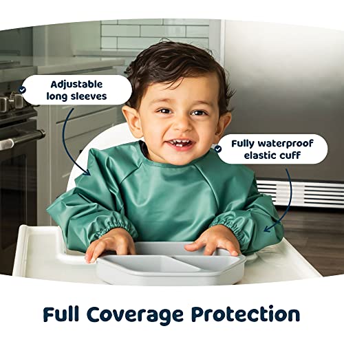 Tiny Twinkle Mess Proof Baby Bibs, 2pk Waterproof Smock Baby Bibs for Eating, Machine Washable Long Sleeve Bibs, Baby Led Weaning, Toddler Bibs, BLW Supplies (Slate Olive, Small 6-24 Months)