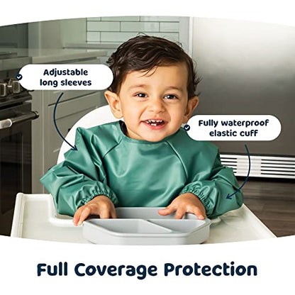 Tiny Twinkle Mess Proof Baby Bibs, 2pk Waterproof Smock Baby Bibs for Eating, Machine Washable Long Sleeve Bibs, Baby Led Weaning, Toddler Bibs, BLW Supplies (Slate Olive, Small 6-24 Months)