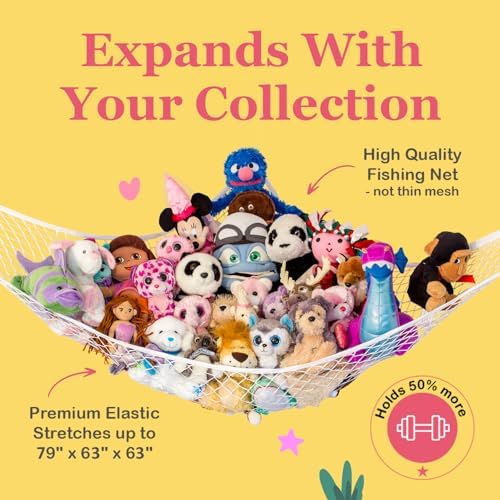 Lilly's Love Large Stuffed Animal Hammock | Corner Hanging Organizer, Stuffed Animal Storage | Easy to Hang Plushie Net w/Included Anchors & Hooks | Cute Room & Bedroom Decor (White, 2 Pack)