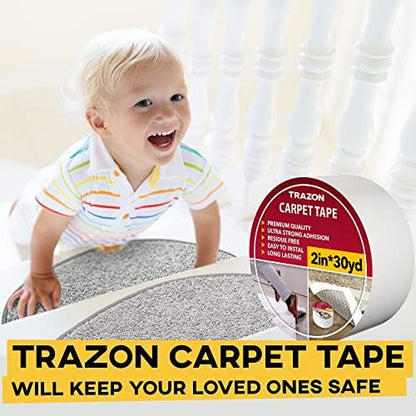 Trazon Carpet Tape Double Sided - Rug Tape Grippers for Hardwood Floors and Area Rugs - Carpet Binding Tape Strong Adhesive and Removable, Heavy Duty Stickers Tape, Residue Free (2 Inch / 30 Yards)