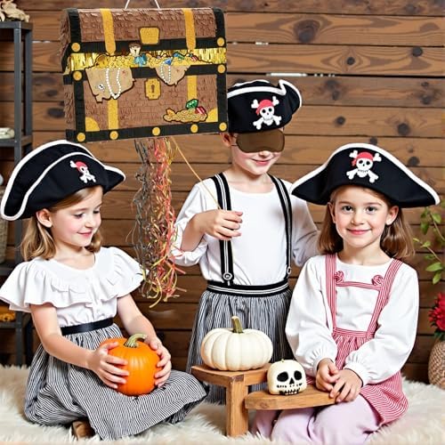 WERNNSAI Treasure Chest Piñata - Pull String Pirate Themed Piñata with Blindfold and Bat Adventure Birthday Party Decoration for Boys Kids Family Games Piñata Adventure Theme Party Supplies