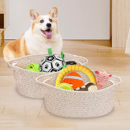 ABenkle Small Woven Basket 12"x 8"x 5" - Rope Room Shelf Storage, Cat Dog Toys Chest Box, Decorative Empty Gift With Handles - All Mixed Brown