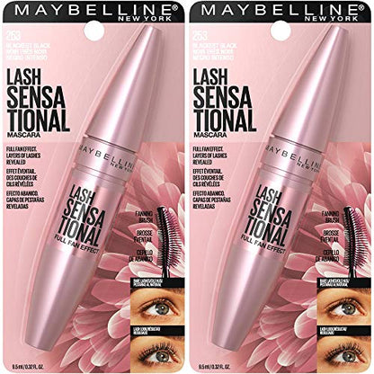 Maybelline Lash Sensational Washable Mascara, Lengthening and Volumizing for a Full Fan Effect, Blackest Black, 2 Count