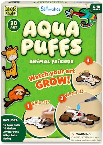 Skillmatics 3D Art Kit - Aqua Puffs Animals, Mess-Free Paint by Number Craft for Kids, DIY Color & Inflate Activity, Travel & Creative Gift for Girls & Boys Ages 4, 5, 6, 7, 8, 9, 10