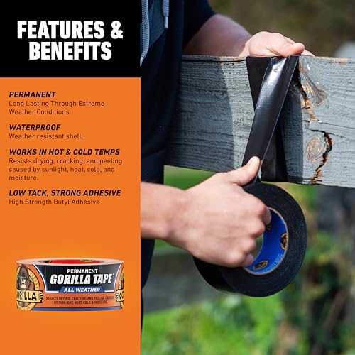 Gorilla All Weather Duct Tape, Black, 1.88" x 25 yd (Pack of 6) - UV and Temperature Resistant Waterproof Tape for Outdoor Repairs