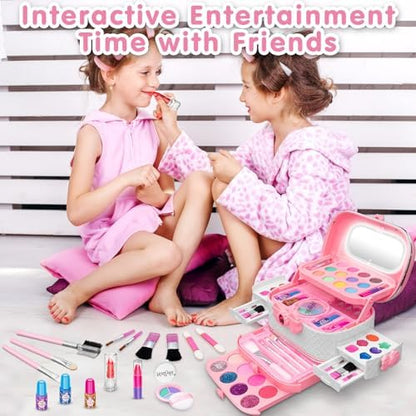 58Pcs Kids Makeup Kit for Girl - Real Washable Cosmetic Set with Light Up Mirror - Kids Makeup Sets for Girls -Play Make Up Birthday for Age 3 4 5 6 7 8 9 10 11 12 Years Old Kid -Pink
