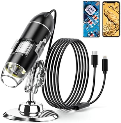 Digital Microscope - 50X-1600X Portable USB Microscope with Adjustable Stand, Compatible with iPhone, iPad, Android