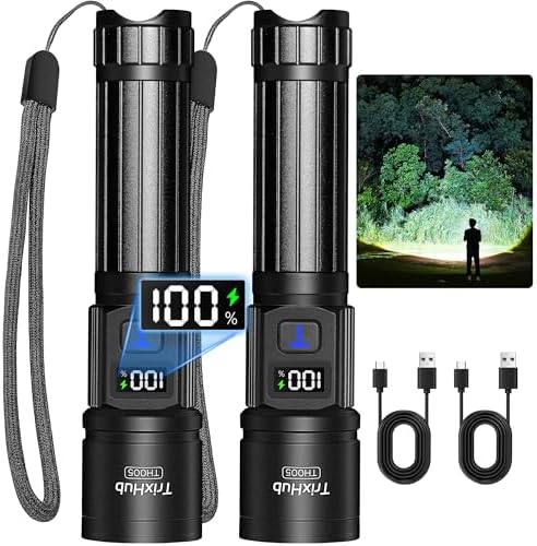 Rechargeable Flashlights 2 Pack, Super Bright High Lumens Flash Light, 5 Modes Zoomable Linternas with LCD Digital Display, Powerful Handheld LED Flashlights for Emergencies Camping
