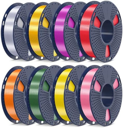 SUNLU 3D Printer Filament Bundle, PLA+ Silk Filament Multicolor 1.75mm, Individually Vacuum Packed, 250G Spool, 8 Rolls, 2kg in Total, Light Gold+Silver+Purple+Red+Orange+Yellow+Pink+Bronze