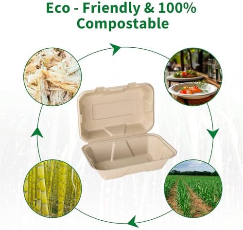 Aricsen Compostable 50 Pack 9x6 Inch Takeout Lunch Box Containers with Lid To Go Take Out Clamshell for Food, Disposable Eco-Friendly Biodegradable Bagasse, PFAS-Free, Brown