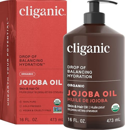Cliganic Organic Jojoba Oil 16 oz, 100% Pure | Bulk, Natural Cold Pressed Unrefined Hexane Free for Hair & Face | Base Carrier Oil