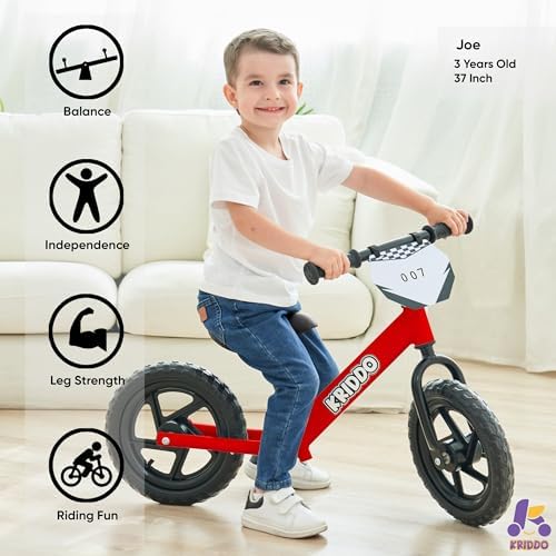 KRIDDO Toddler Balance Bike 2 Year Old, Age 18 Months to 5 Years Old, 12 Inch Push Bicycle with Customize Plate (3 Sets of Stickers Included), Steady Balancing, Gift Bike for 2-3 Boys Girls, Red