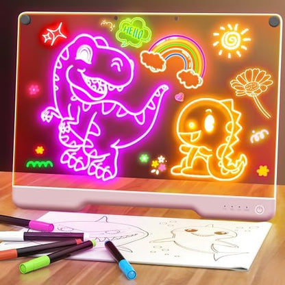 16-Inch Rechargeable Doodle Glow LED Note Board, 7-Color Light Modes, Neon Art Dry Erase Light Up Drawing Pad with Built-in Stand, Sketching Gift Toy for Kids/Girls/Teens, 5 Markers & Tracing Book