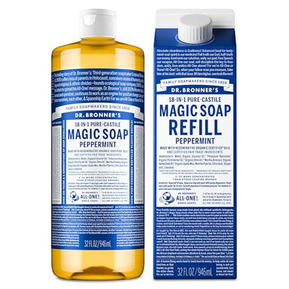 Dr. Bronner's Pure-Castile Liquid Magic Soap Bottle & Refill Carton - Made with Regenerative Organic Certified Oils- 18-in-1 Uses for Face, Body Wash, Hand Soap Refill- Peppermint, 32oz