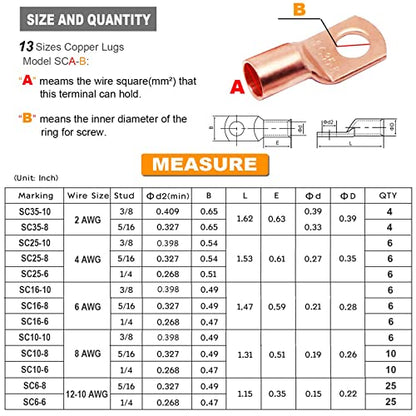 TKDMR 260Pcs Copper Wire Lugs AWG2 4 6 8 10 12 with Heat Shrink Set, 120Pcs Battery Cable Lugs Battery Cable Ends Ring Terminals Connectors with 140Pcs Heat Shrink Tubing Assortment Kit