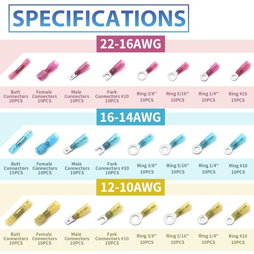 260Pcs Heat Shrink Wire Connectors Kit - Marine Automotive Electrical Connectors - Crimp Terminal Set for Electrical Wiring - Waterproof Fork Spade Ring Butt Connector Assortment