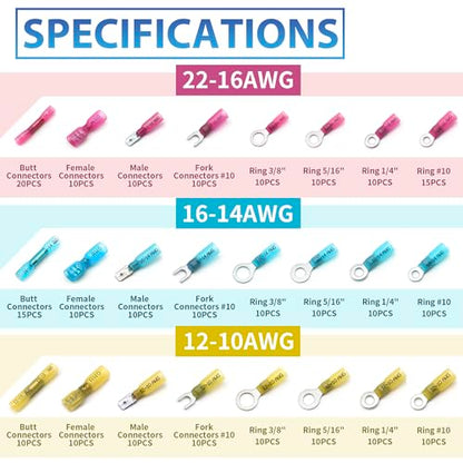 260Pcs Heat Shrink Wire Connectors Kit - Marine Automotive Electrical Connectors - Crimp Terminal Set for Electrical Wiring - Waterproof Fork Spade Ring Butt Connector Assortment