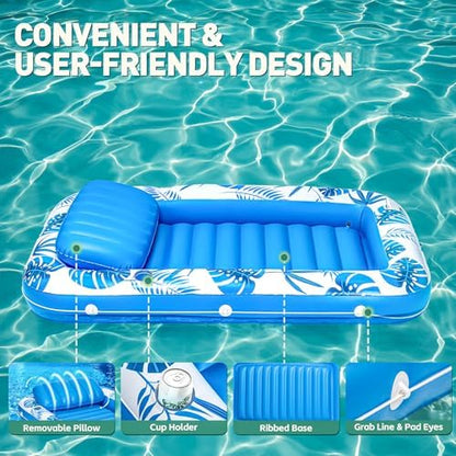Pool Floats Inflatable Tanning Pool Lounger Float, 71" x 48" Large Pool Floats Adult with Pillow & Drink Holder,Sunbathing Water Lounge Floaties Tub Raft for Lake, Backyard, Beach Pool Party