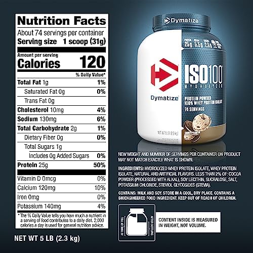 Dymatize ISO100 Whey Protein Powder Isolate, Cookies & Cream, 25g of Protein, 5 Pound, 5.5g BCAAs, Less Than 120 Cal., Gluten Free, 1g Fat, 1g Sugar, 2g Carb (74 Servings)