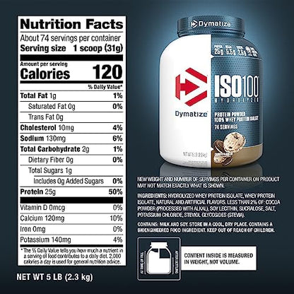 Dymatize ISO100 Whey Protein Powder Isolate, Cookies & Cream, 25g of Protein, 5 Pound, 5.5g BCAAs, Less Than 120 Cal., Gluten Free, 1g Fat, 1g Sugar, 2g Carb (74 Servings)