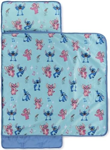 Jay Franco Toddler Nap Mat with Built-in Pillow and Blanket - Soft 46 x 20-inch Microfiber Kids Sleeping Bag for School or Sleepover, Blue - Lilo & Stitch