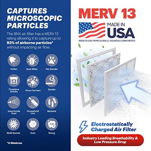BNX TruFilter 20x25x1 Air Filter MERV 13 (6-Pack) - MADE IN USA - Electrostatic Pleated Air Conditioner HVAC AC Furnace Filters for Allergies, Pollen, Mold, Bacteria, Smoke, Allergen, MPR 1900 FPR 10